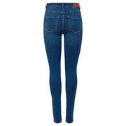 Jean en denim de coton bleu foncé pour femme, coupe taille haute ajustée et poches arrière classiques dévoilant le dos