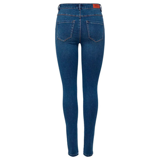 Jean en denim de coton bleu foncé pour femme, coupe taille haute ajustée et poches arrière classiques dévoilant le dos
