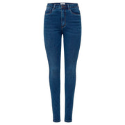 Jean skinny taille haute en coton bleu foncé pour femme, à la texture classique et au délavage subtil, style automne-hiver