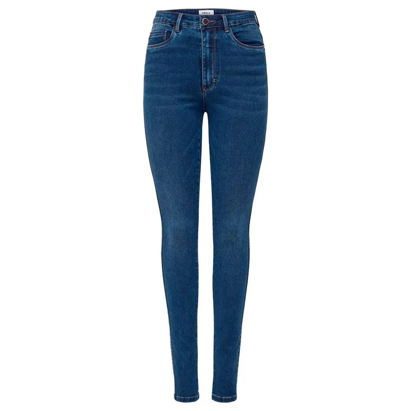 Jean skinny taille haute en coton bleu foncé pour femme, à la texture classique et au délavage subtil, style automne-hiver
