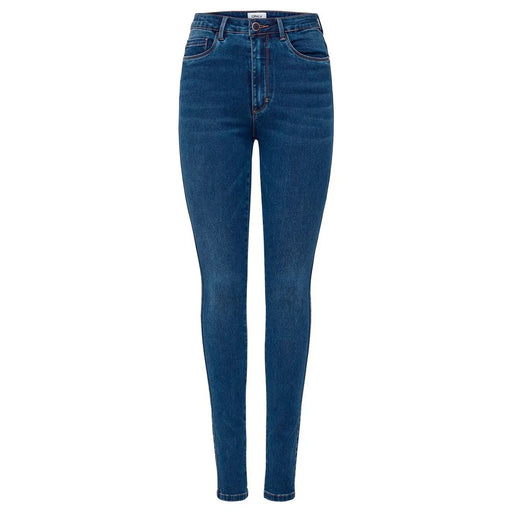 Jean skinny taille haute en coton bleu foncé pour femme, à la texture classique et au délavage subtil, style automne-hiver