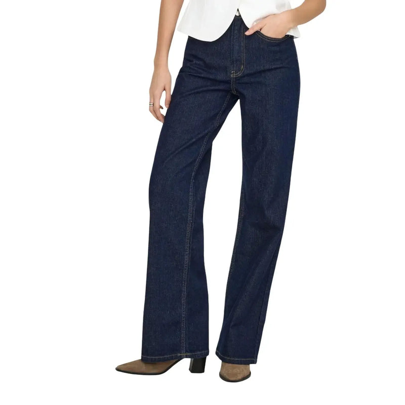bleu foncé Only Jean en denim de coton pour femme, confectionné dans un mélange de fibres biologiques, coupe évasée et jambes droites, avec des coutures classiques.