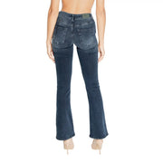 verso de only Jean en denim de coton bleu stretch pour femme, idéal pour l'automne, avec un délavage foncé, une poche délavée et des moustaches.