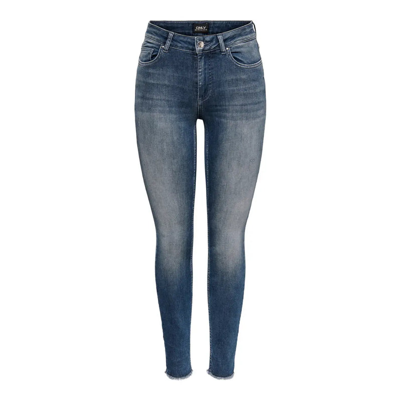 Only Jean en denim de coton bleu pour femme, coupe stretch, bleu foncé, coupe slim et ourlets effilochés