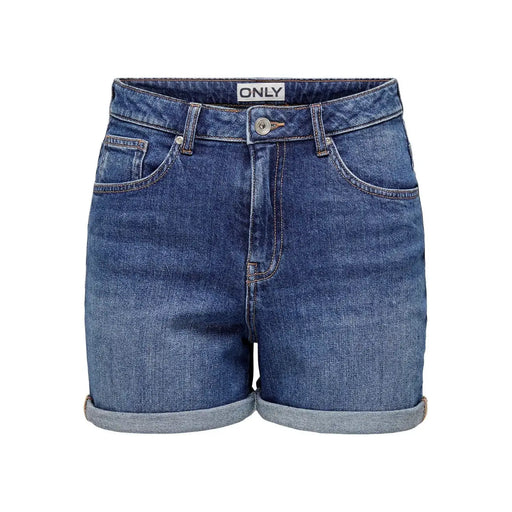 Only Short en denim bleu de coton pour femme, ourlet roulé, cinq poches, étiquette de marque à la taille, coupe classique, en coton bio.