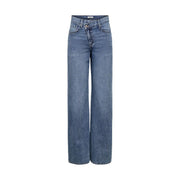 Only Jean en coton bio bleu pour femme, taille haute, jambes larges, délavage bleu moyen, fermeture boutonnée