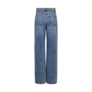 Vue arrière de only Jean en coton bleu pour femme, mélange de coton biologique, taille haute, jambes larges, poches classiques et empiècement en cuir.