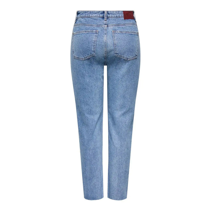 Only Jean en coton bleu pour femme, coupe classique, denim délavé clair, jambe droite et étiquette de marque en cuir rouge à l'arrière de la ceinture