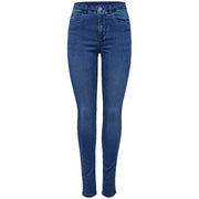 Jean skinny taille haute bleu foncé en mélange de coton avec une texture denim classique et un délavage subtil aux cuisses. Only Femmes