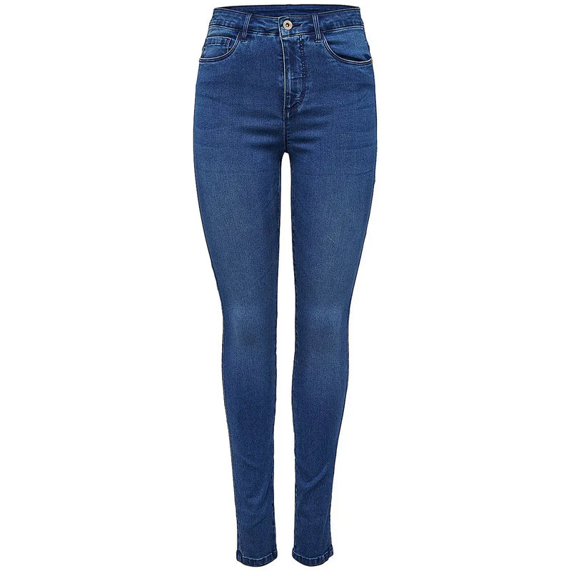 Jean skinny taille haute bleu foncé en mélange de coton avec une texture denim classique et un délavage subtil aux cuisses. Only Femmes