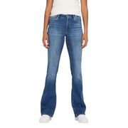 Only Jean en denim bleu pour femme, mélange de coton, délavage délavé, coupe classique cinq poches et jambes évasées.