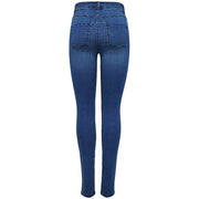Only Jean en denim bleu pour femme, mélange de coton, taille haute, coupe slim, délavage moyen, poches arrière classiques (vue de dos)