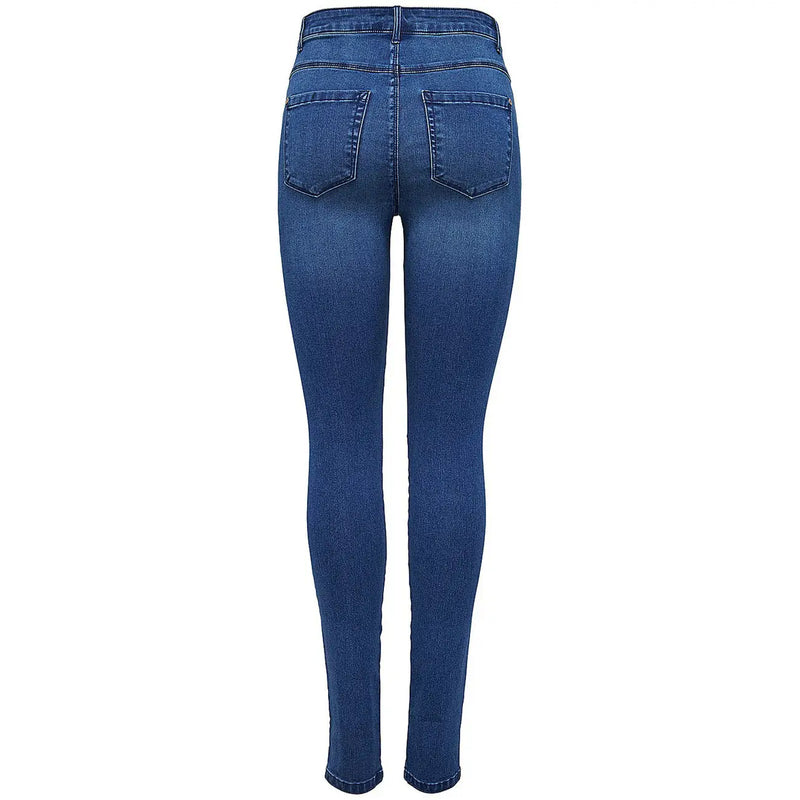 Only Jean en denim bleu pour femme, mélange de coton, taille haute, coupe slim, délavage moyen, poches arrière classiques (vue de dos)