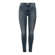 Only Jean en denim bleu foncé pour femme, taille haute, coupe slim et coupe classique cinq poches, en mélange de coton.