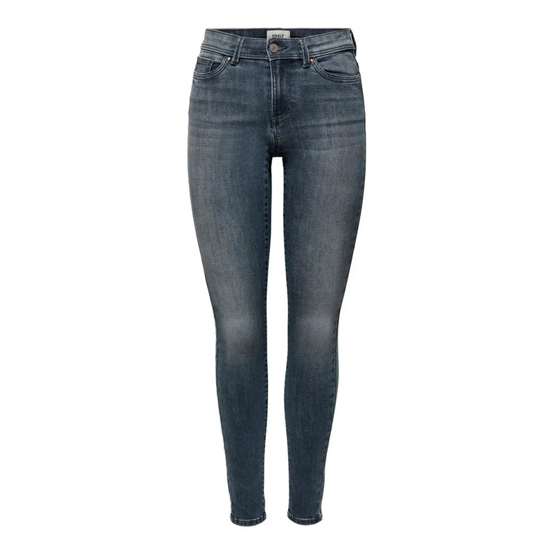 Only Jean en denim bleu foncé pour femme, taille haute, coupe slim et coupe classique cinq poches, en mélange de coton.