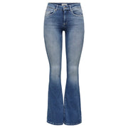 Only Jean en denim bleu pour femme, coupe évasée délavée, confectionné dans un mélange de coton classique à cinq poches.
