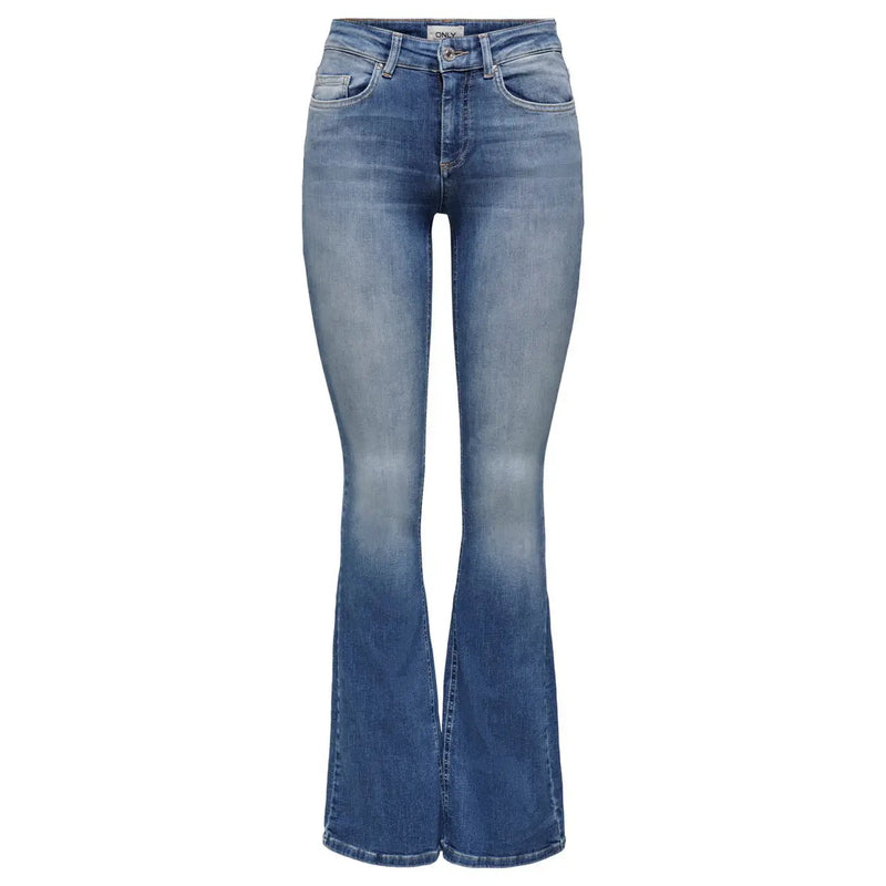Only Jean en denim bleu pour femme, coupe évasée délavée, confectionné dans un mélange de coton classique à cinq poches.