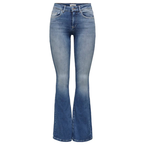 Only Jean en denim bleu pour femme, coupe évasée délavée, confectionné dans un mélange de coton classique à cinq poches.