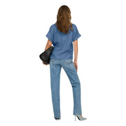 Only women blue lyocell blouse short sleeve button up with relaxed fit and subtle texture in a soft fabric