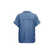 Only women blue lyocell blouse with short sleeves collar and subtle stitching details front view