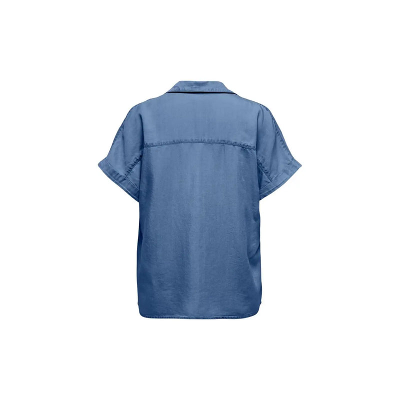 Only women blue lyocell blouse with short sleeves collar and subtle stitching details front view