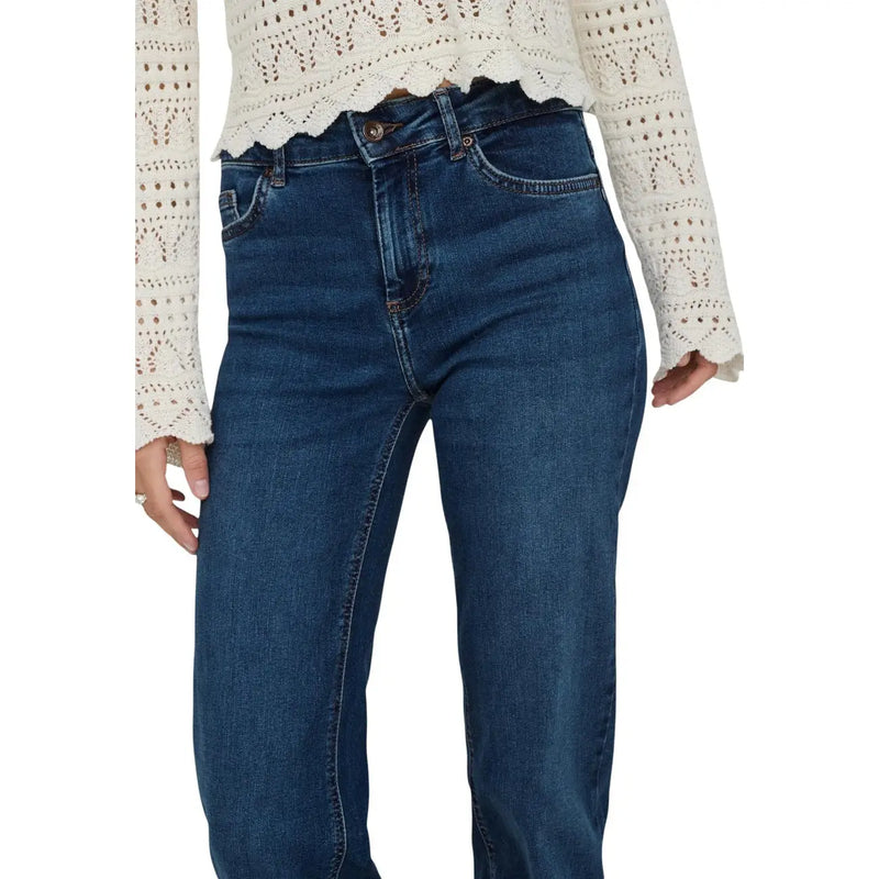 Jean en denim de coton bleu foncé taille haute et jambes droites pour femme par Only en bleu moyen