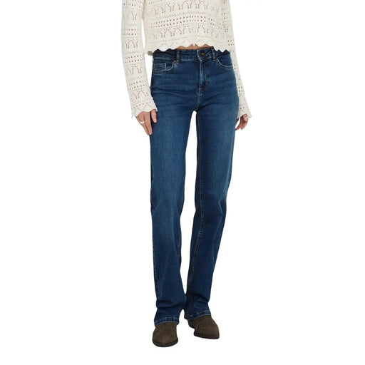 denim de coton bleu foncé only Jean mi-long droit pour femme, coupe classique à cinq poches et jambes droites.