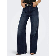 Jean taille haute à jambes larges bleu indigo foncé, en denim de coton biologique bleu avec coutures classiques pour femme par Only