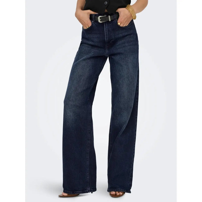 Jean taille haute à jambes larges bleu indigo foncé, en denim de coton biologique bleu avec coutures classiques pour femme par Only
