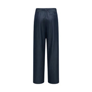 Only Pantalon large en satin bleu marine foncé pour femme, taille haute, plis discrets sur le devant, ceinture, fermeture éclair et bouton.