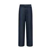 Only Pantalon large bleu marine foncé pour femme, avec ceinture zippée et boutonnée, coupe ajustée et passants de ceinture discrets.