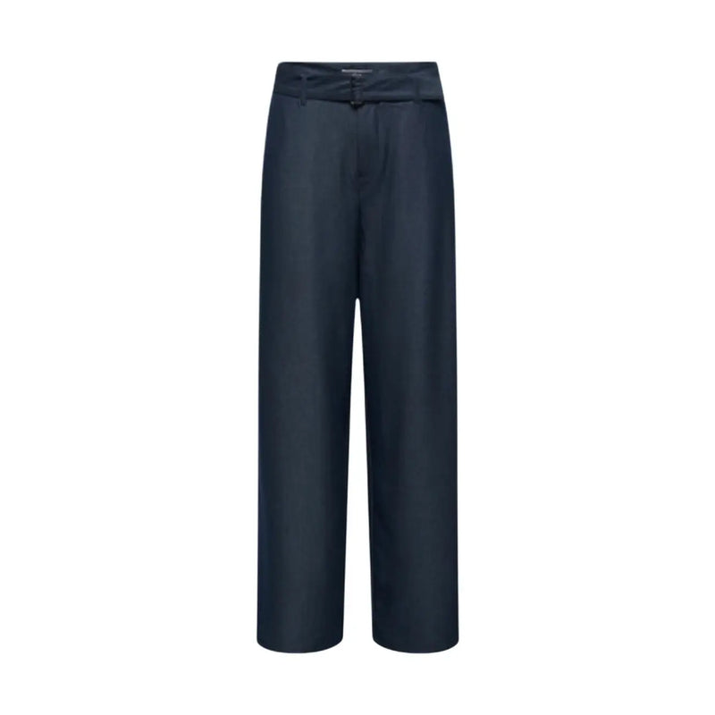 Only Pantalon large bleu marine foncé pour femme, avec ceinture zippée et boutonnée, coupe ajustée et passants de ceinture discrets.