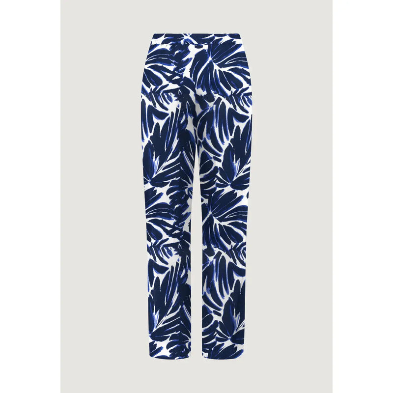 Only Pantalon palazzo en viscose bleue pour femme, orné d'un motif audacieux de feuilles tropicales bleu marine.