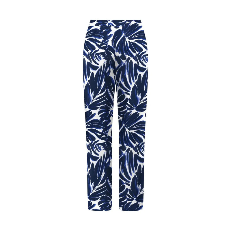 Only Pantalon palazzo bleu en viscose pour femme, en tissu blanc à motif de feuilles tropicales bleu marine.