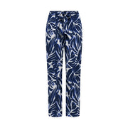 Only Pantalon palazzo bleu en viscose pour femme, taille haute avec ceinture à nouer et motif de feuilles tropicales bleues et blanches