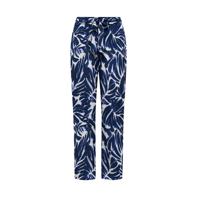 Only Pantalon palazzo bleu en viscose pour femme, taille haute avec ceinture à nouer et motif de feuilles tropicales bleues et blanches