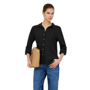 Black button-down shirt with rolled-up sleeves and collar in bordeaux linen blend for women by Only