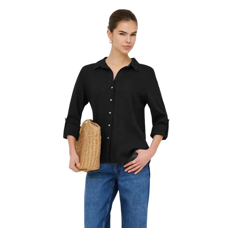 Black button-down shirt with rolled-up sleeves and collar in bordeaux linen blend for women by Only