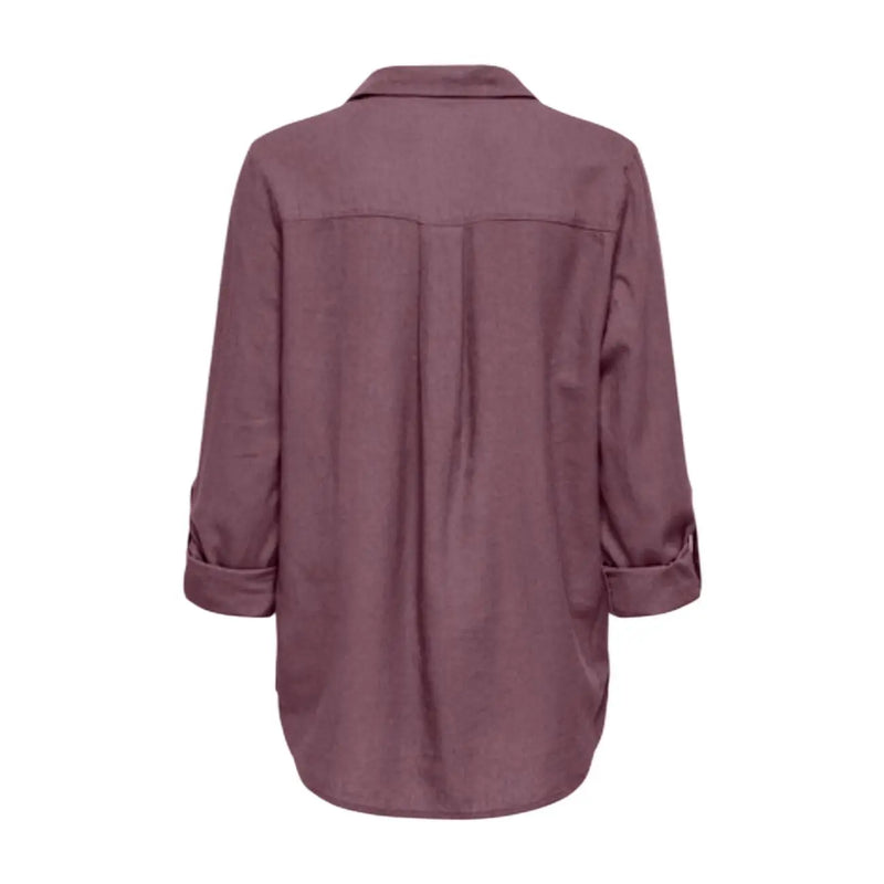 Only women bordeaux linen blend long classic v neck shirt in soft mauve with rolled cuffs and relaxed fit