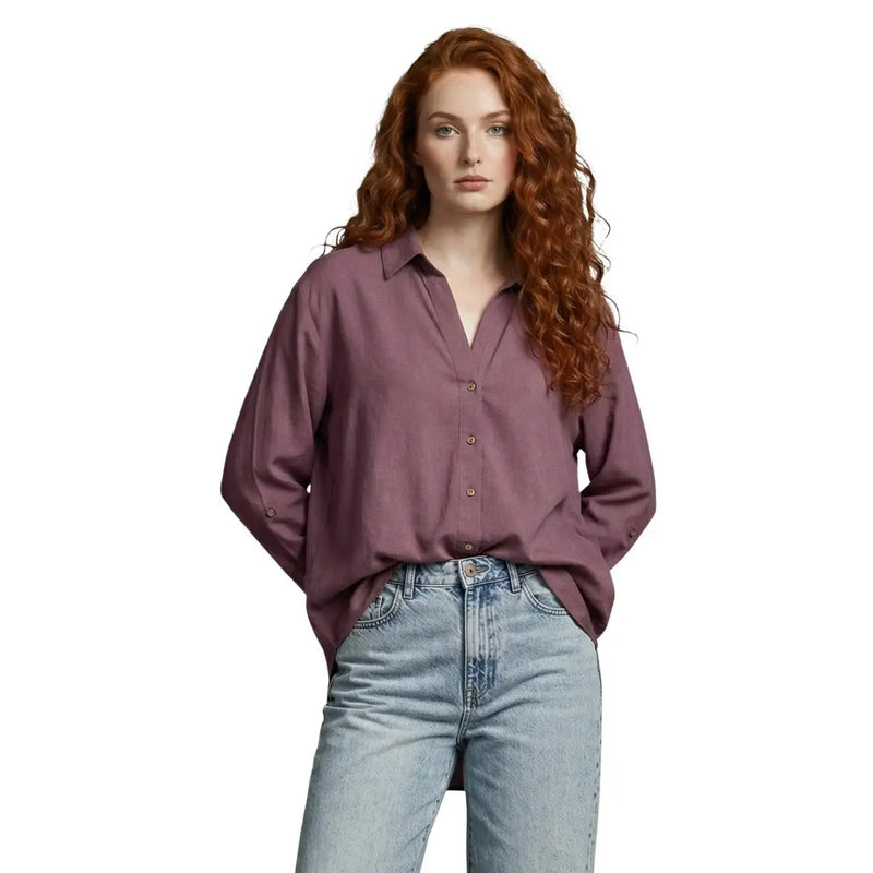 A soft muted purple only women bordeaux linen blend long classic v neck button-up shirt with relaxed fit and long sleeves