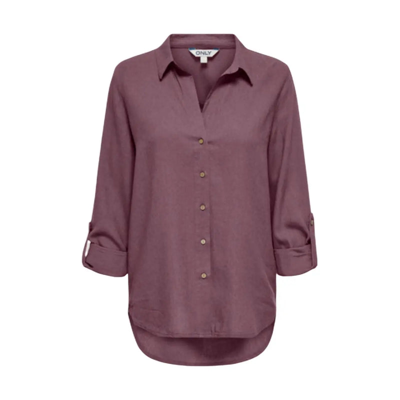Only women bordeaux linen blend long classic v neck shirt in soft mauve with long sleeves rolled cuffs and curved hem