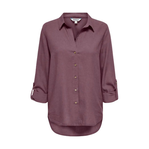 Only Chemise classique longue à col en V pour femme, en lin mélangé bordeaux mauve doux, manches longues à poignets roulés et ourlet arrondi.
