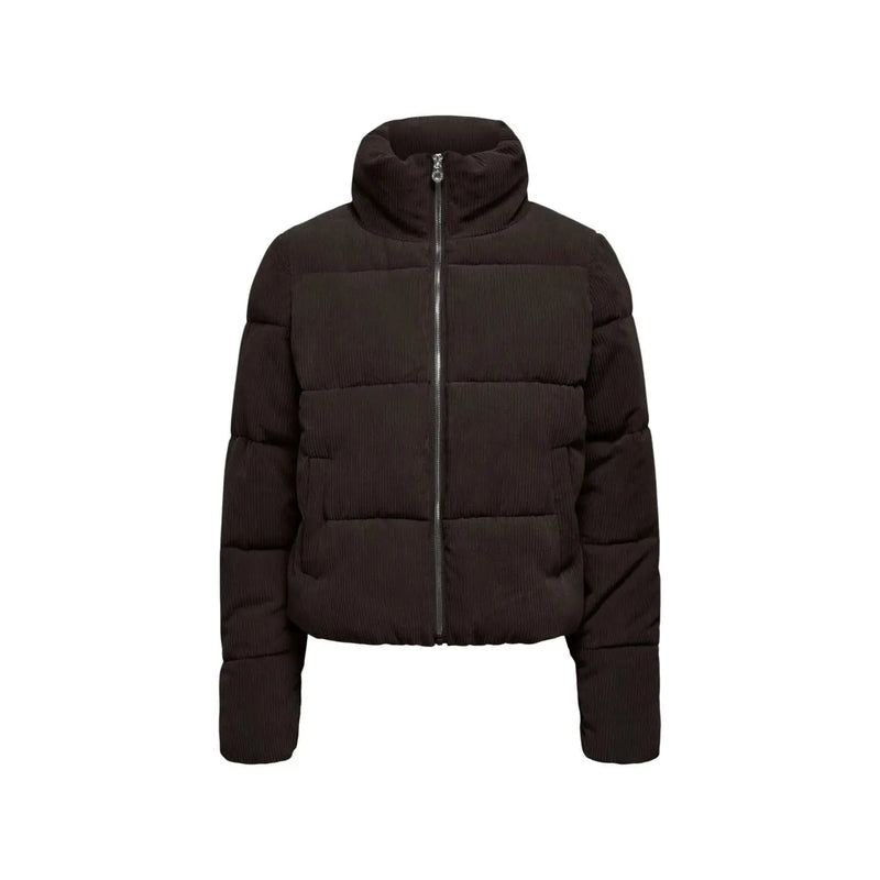 Black corduroy puffer jacket with high collar and front zipper made of polyester for women by Only Brown