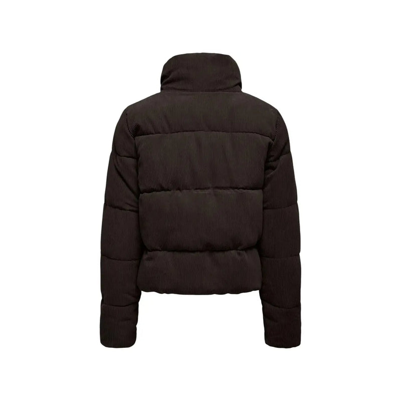 Black corduroy puffer jacket with high collar and horizontal stitching made of polyester for women