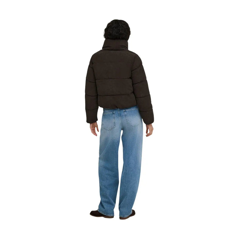 Black quilted puffer jacket with high collar made of polyester featured alongside only women brown corduroy puffer blazer