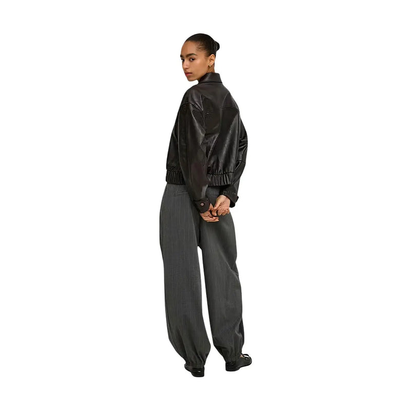 Black faux leather bomber jacket with elastic cuffs and ribbed hem for women by Only brown classic long blazer