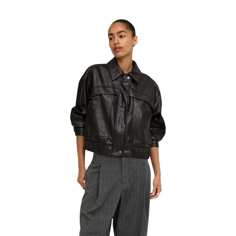 Black faux leather bomber jacket with elasticated cuffs and relaxed cropped silhouette styled for women