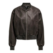 Black leather bomber jacket with ribbed cuffs and waistband featuring a central zipper closure for women