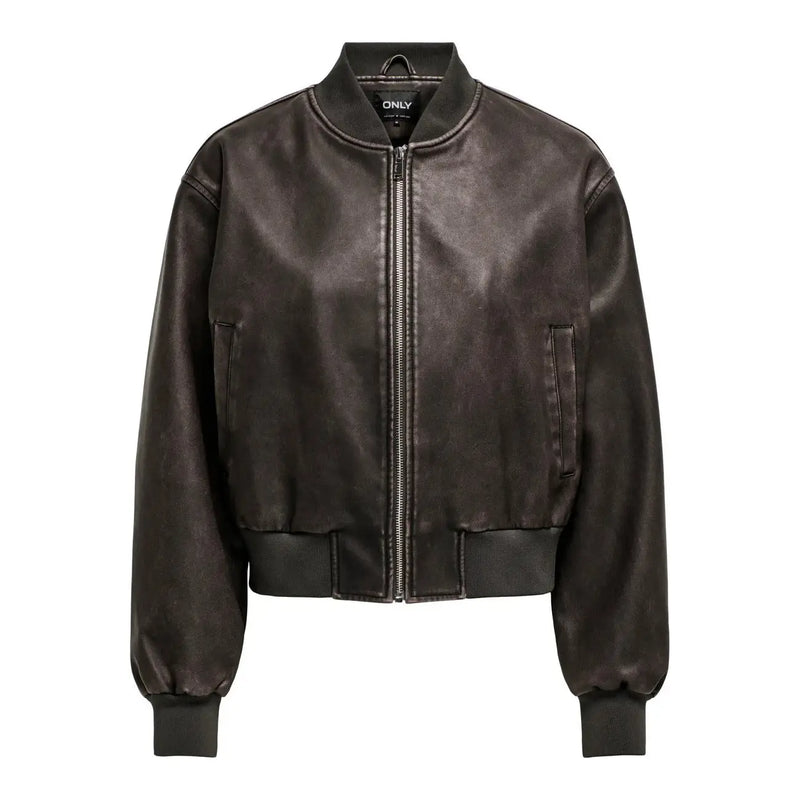 Black leather bomber jacket with ribbed cuffs and waistband featuring a central zipper closure for women