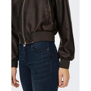 Dark brown faux leather bomber jacket with silver zipper and ribbed cuffs for women by only polyester blazer with long zip pockets